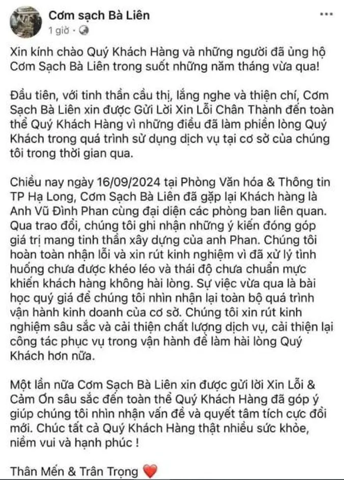  Fanpage Cơm sạch bà Liên đã đăng tải lời xin lỗi khách hàng vì hành vi ứng xử thiếu chuẩn mực vừa qua. 