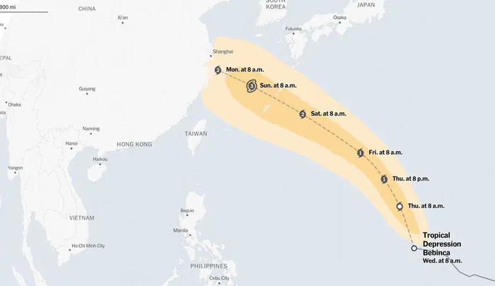 Dự báo đường đi của bão Bebinca. (Ảnh: NYT).