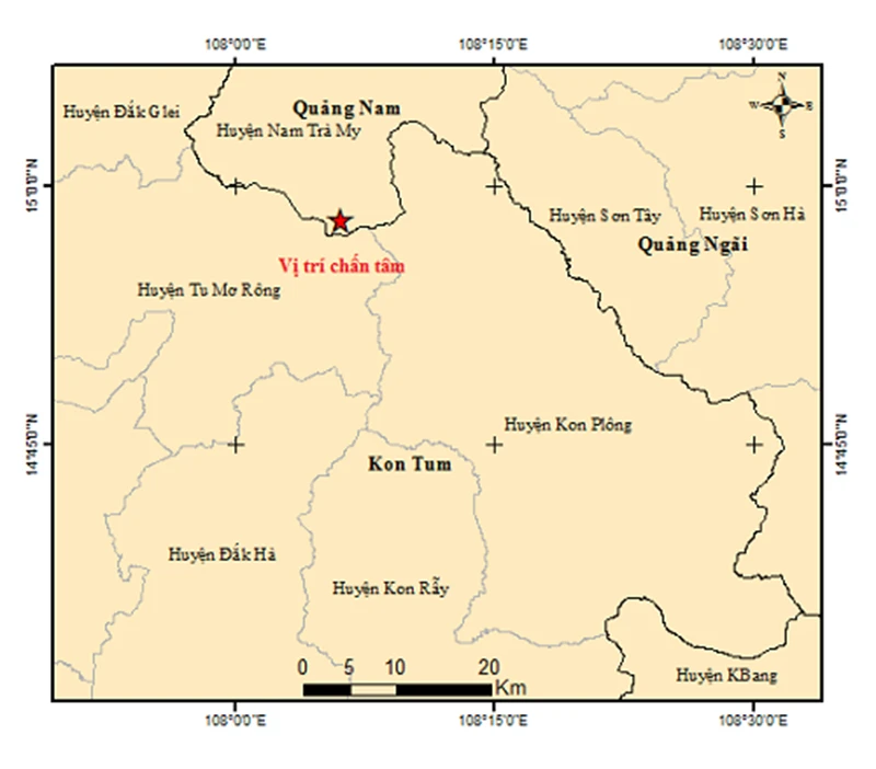 Vị trí chấn tâm trận động đất xảy ra tại huyện Nam Trà My, lúc 10 giờ 29 phút 28 giây ngày 9/10/2024.