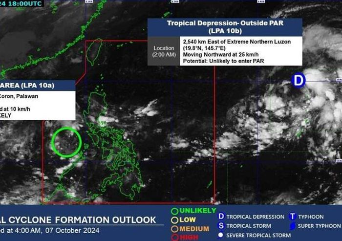 PAGASA đang theo dõi áp thấp bên trong PAR và áp thấp nhiệt đới (D) bên ngoài PAR. Ảnh: PAGASA.