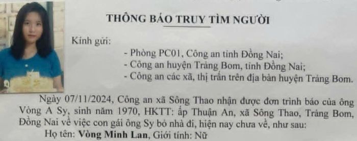 Thông báo tìm bé gái 15 tuổi mất liên lạc nhiều ngày. Ảnh: A.H