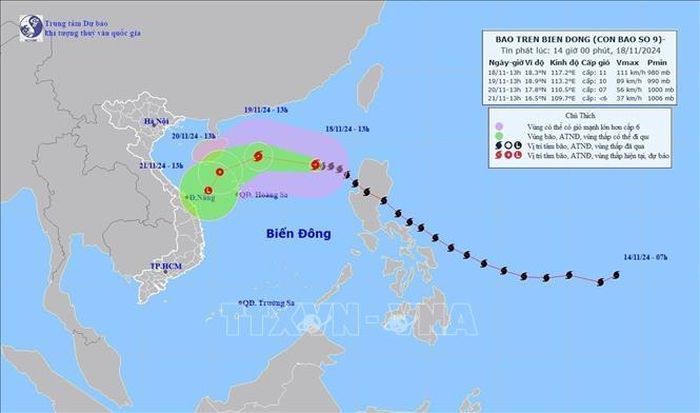 Đường đi của bão số 9, lúc 13h ngày 18/11/2024. Ảnh: TTXVN phát