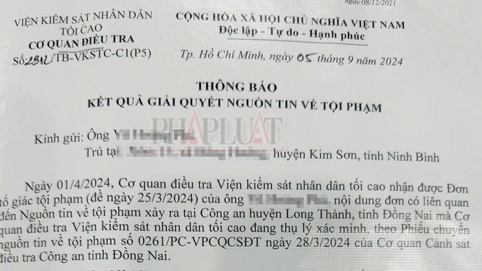  Cơ quan điều tra VKSND Tối cao có thông báo kết quả giải quyết nguồn tin về tội phạm xảy ra tại Công an huyện Long Thành, Đồng Nai. Ảnh: V.V 