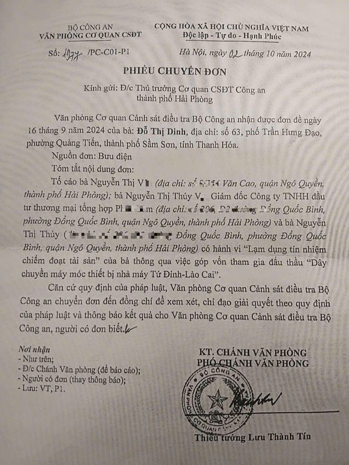 Văn phòng Cơ quan cảnh sát điều tra, Bộ công an đã từng có văn bản chuyển đơn, đề nghị Công an Hải Phòng xem xét, giải quyết